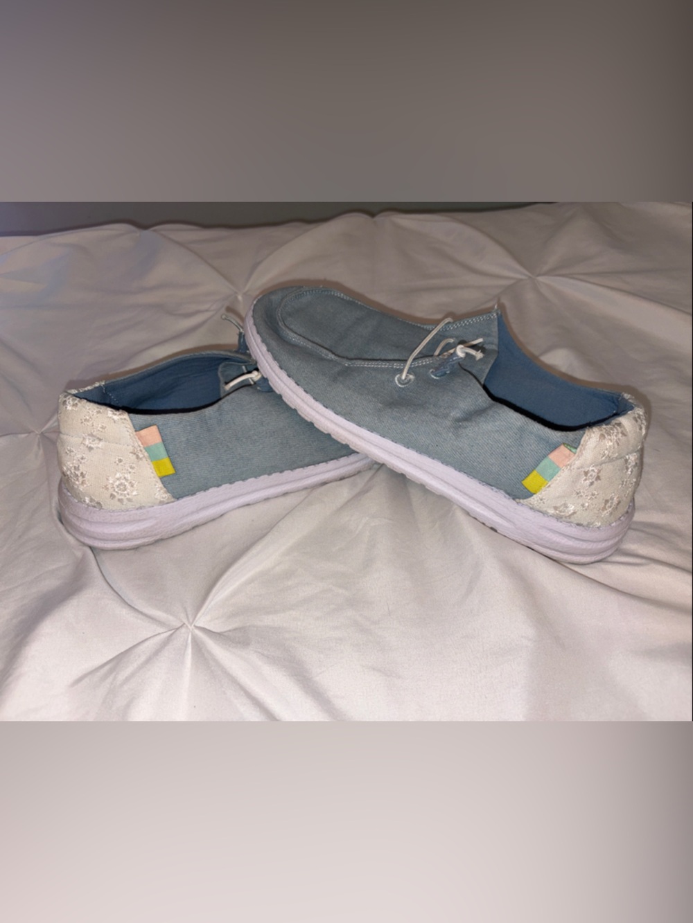 Sugar Light Blue Canvas Lace-Back Flats with Pastel Accents